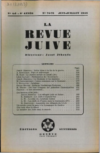 La Revue Juive de Genève. Vol. 8 n° 4-5 fasc. 74-75 (juin-juillet 1945)